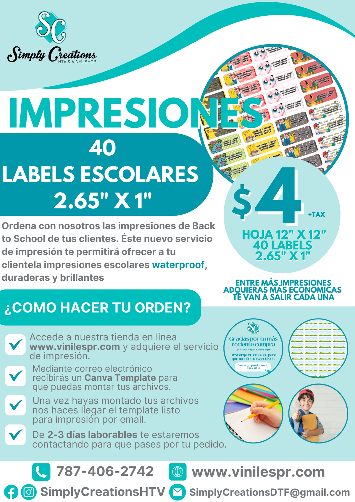 Impresión de 40 Labels Escolares 2.65" x 1"