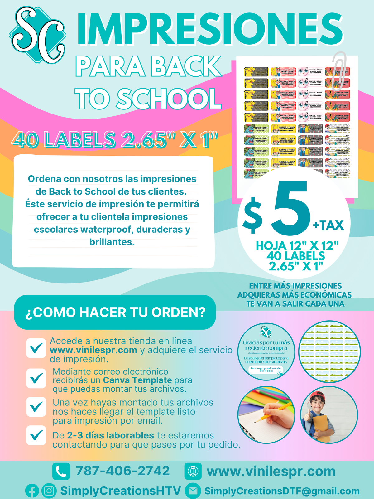 Impresión de 40 Labels Escolares 2.65" x 1"