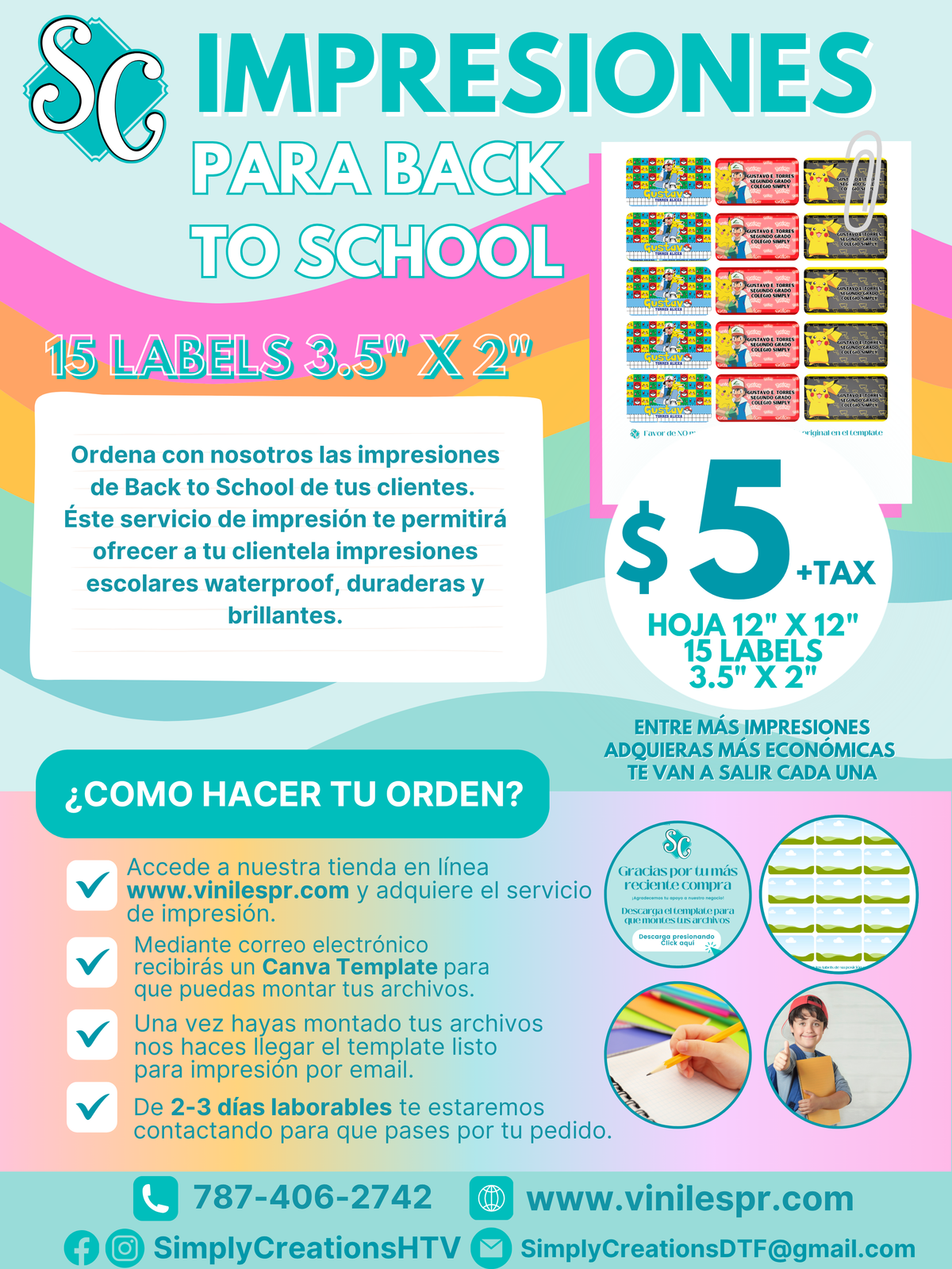 Impresión de 15 Labels Escolares 3.5" x 2"